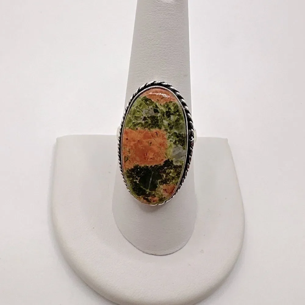 Genuine unakite‎ jasper cabochon ring in plated Sterling silver!